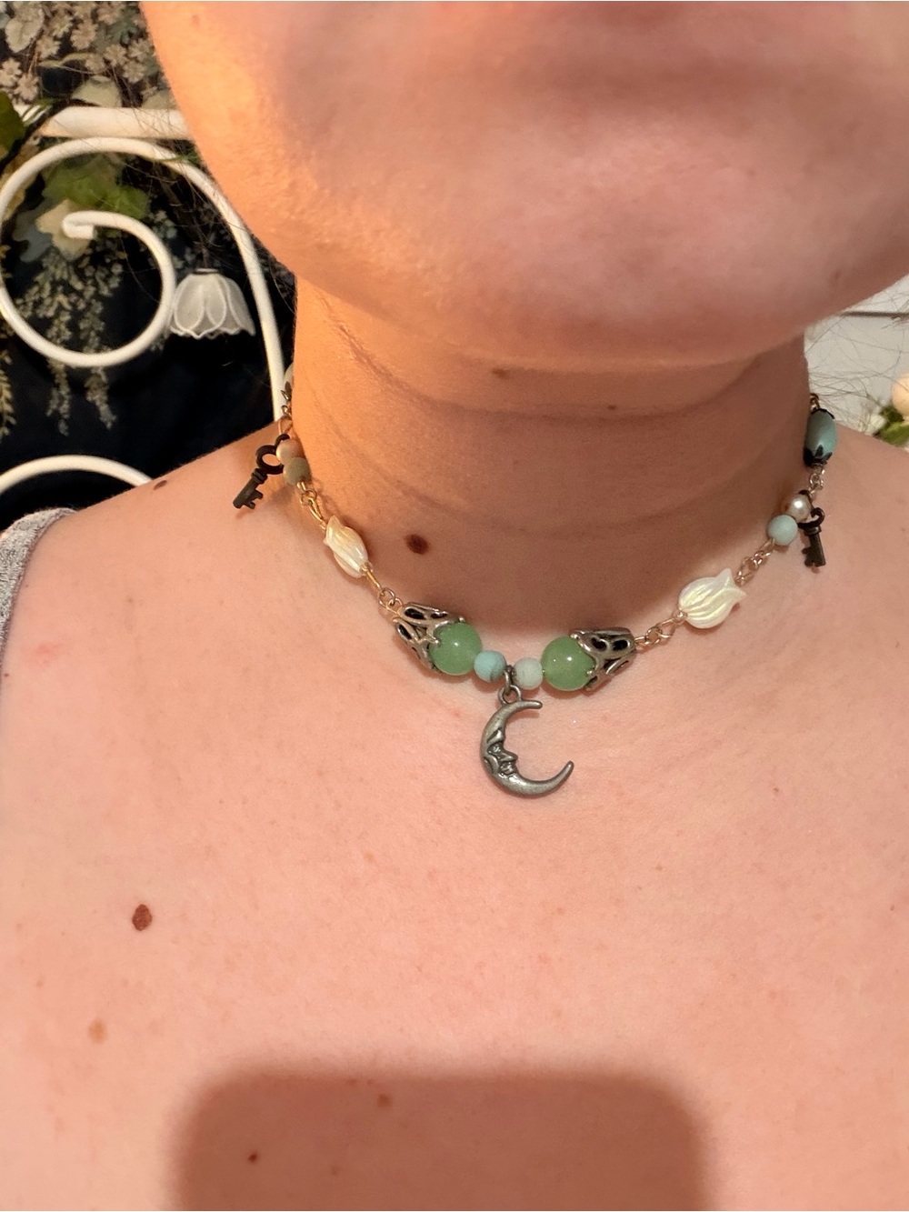 Vintage Green Beaded Choker Necklace with Crescent Moon and Key Charms